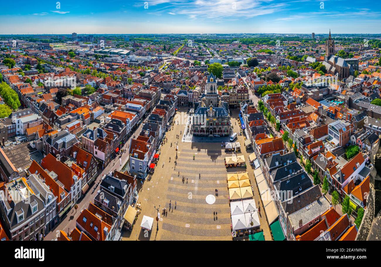 DELFT, NETHERLANDS, AUGUST 6, 2018: Aerial view of the main square in Delft, Netherlands Stock Photo