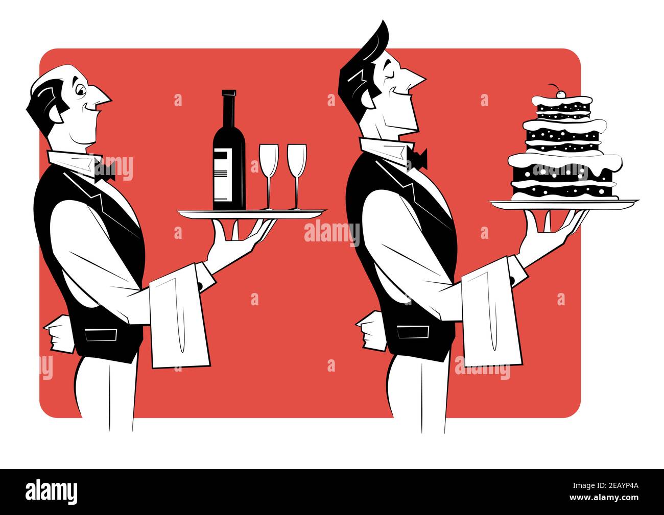 Two waiters hold silver trays with cake. and bottle of wine and wine glasses. Retro illustration in sketch style. Stock Vector