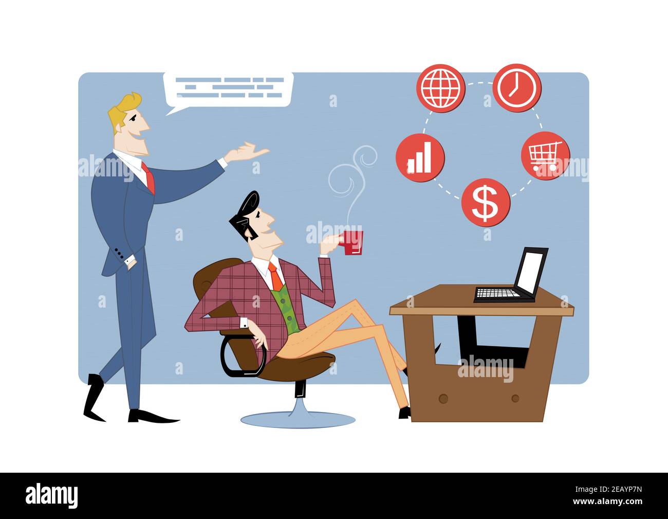 Two business partners are discussing work progress. Business contract, idea financing. Vector illustration Stock Vector