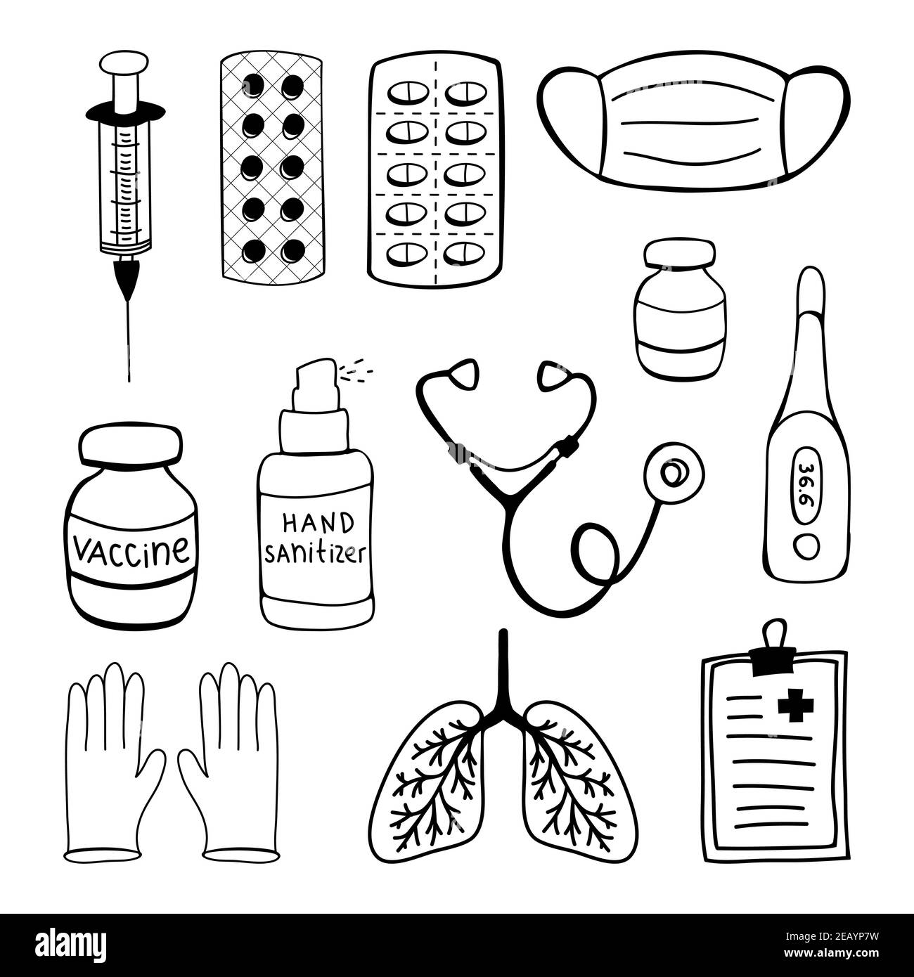 Medical set of hand drawn doodle elements. Isolated on a white background. Stock Vector