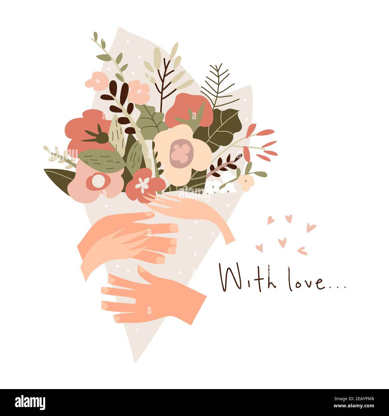 Hands of man and woman holding bouquet of flowers Stock Vector