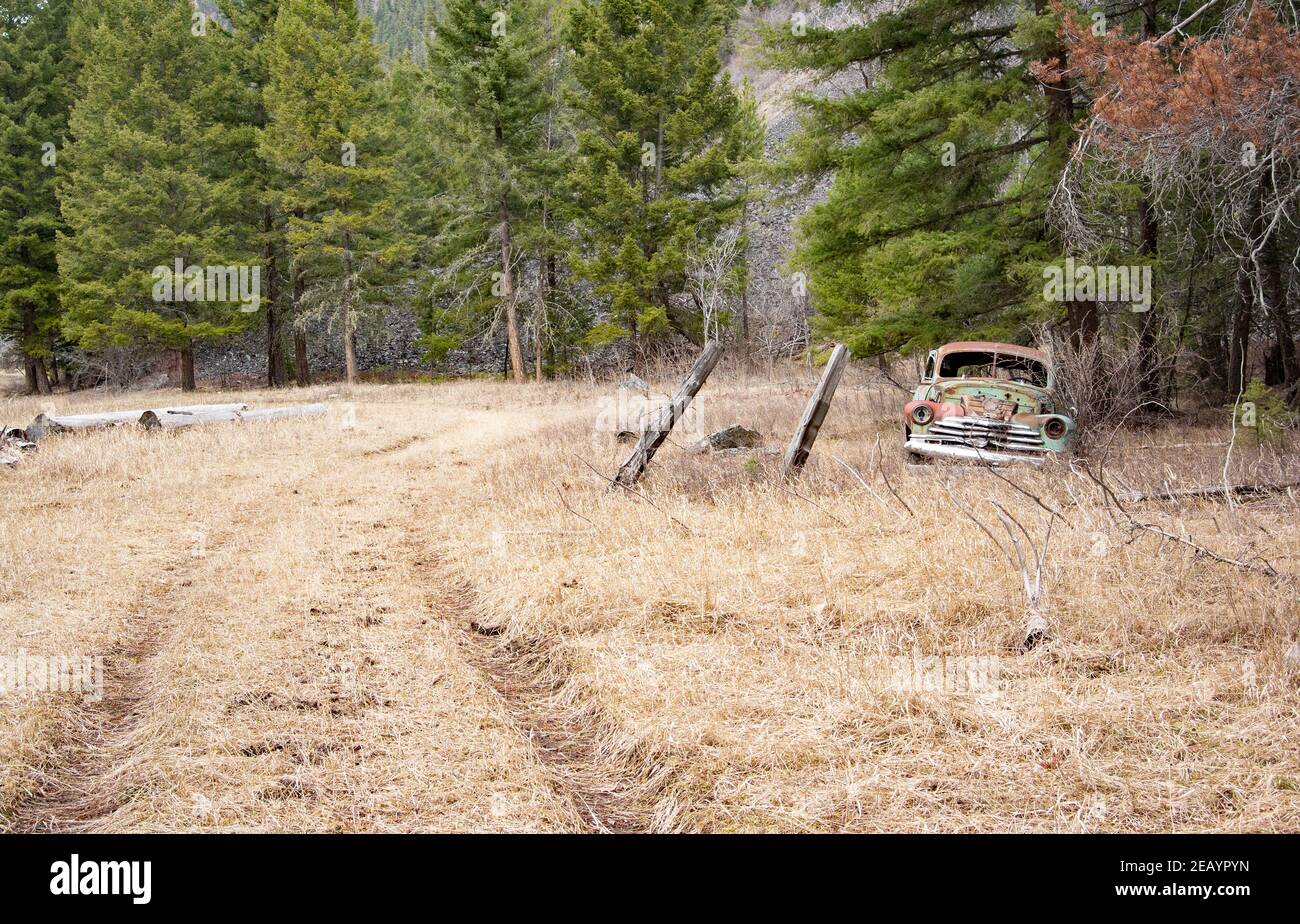 A 1946 Chevrolet 2-door coupe, up in a remote valley along Ranch Creek, in Granite County, Montana Stock Photo