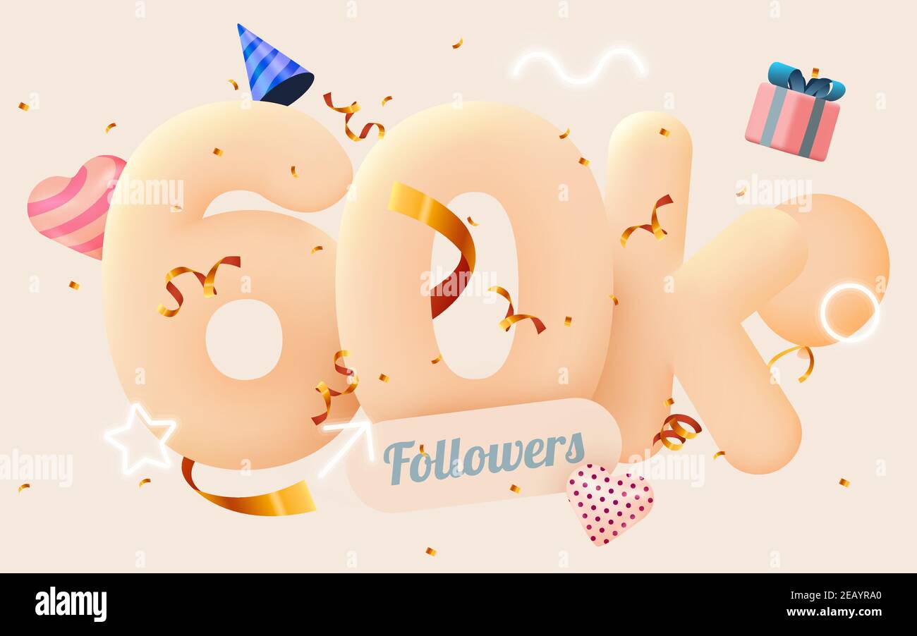 60k or 60000 followers thank you Pink heart, golden confetti and neon ...