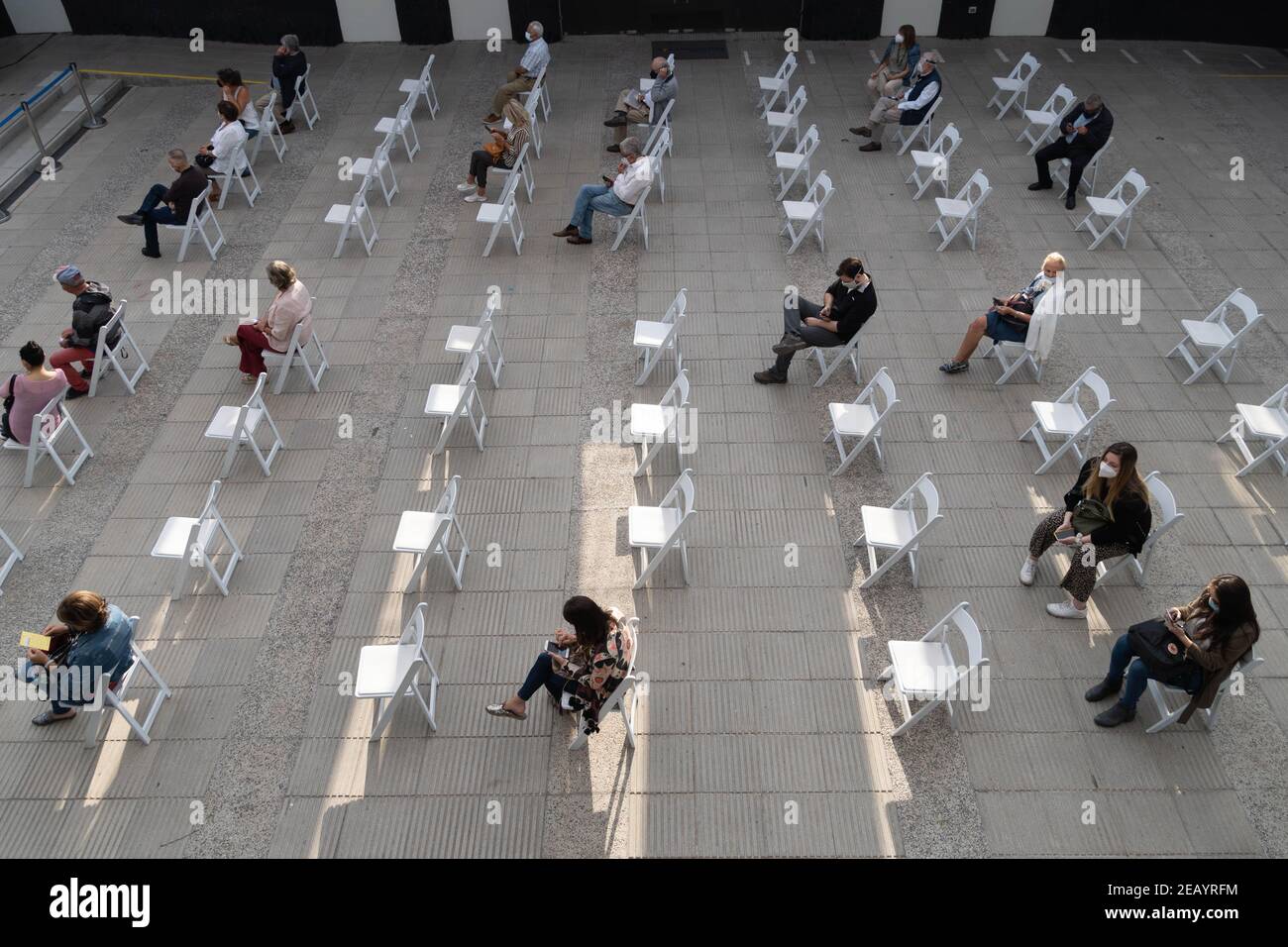 Santiago, Metropolitana, Chile. 11th Feb, 2021. People between 73 and 74 years old wait to be vaccinated with the Sinovac vaccine, in the second week of mass vaccination against Covid in Chile. Credit: Matias Basualdo/ZUMA Wire/Alamy Live News Stock Photo