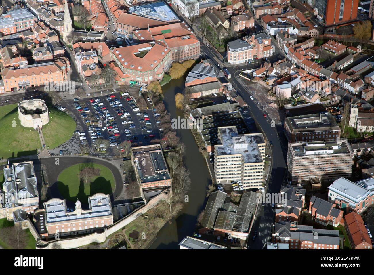 aerial view of the River Foss & Piccadilly in the centre of York, also shown: Cliffords Tower (castle) & The Jorvik Centre Stock Photo