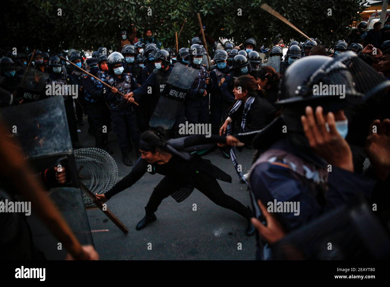 Kathmandu, Nepal. 11th Feb, 2021. Nepal Communist Party cadres clash with  the Police during a protest demanding release of Ram Kumari Jhakri, a  leader of former prime minister Pushpa Kamal Dahal led