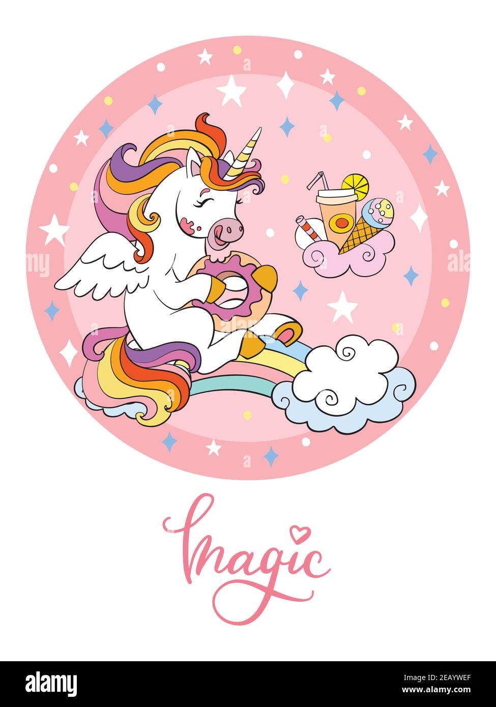 Cute cartoon unicorn eating a donut in circle. Vector isolated poster illustration. For postcard, posters, nursery design, greeting card, stickers, ro Stock Vector