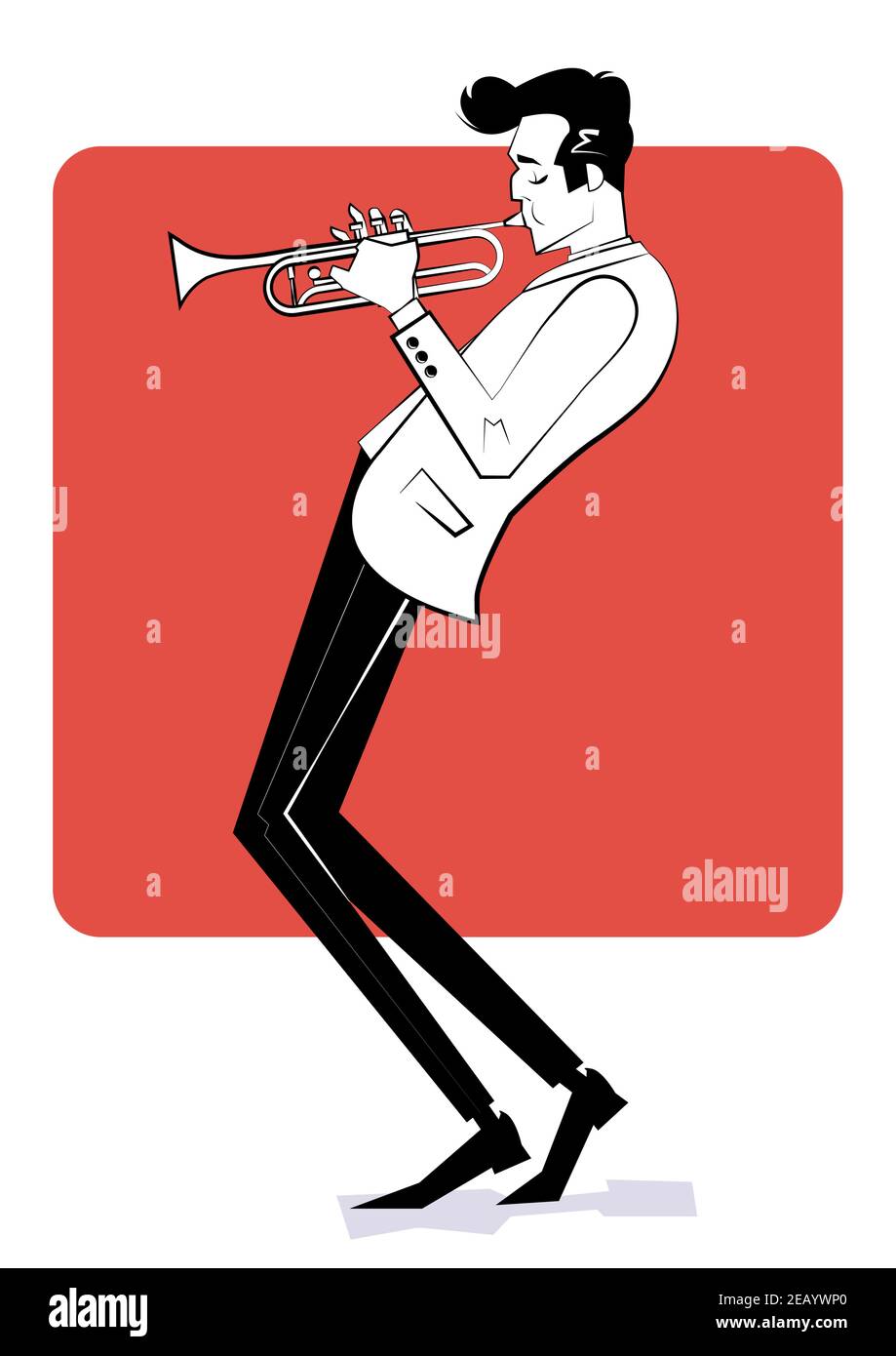 Concept for jazz poster. Man playing trumpet on red background. Sketch style illustration. Stock Vector