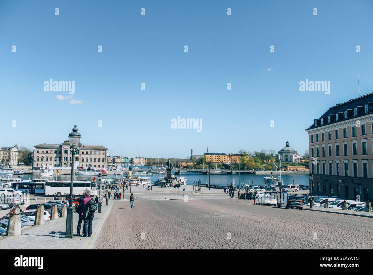 Stockholm, Sweden - May 1, 2019 : Scenic sunny day panorama of Stockholm city center from Royal Palace. City tour concept and spring vacation in Stock Photo