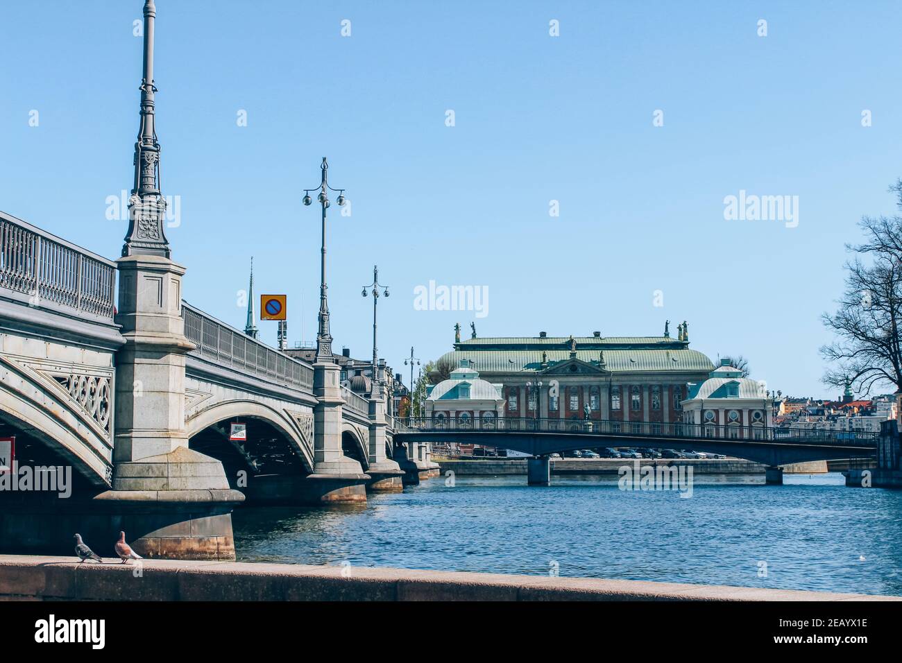 Stockholm, Sweden - May 1, 2019 : Scenic sunny day panorama of Stockholm city center from bridge. City tour concept and spring vacation in Sweden Stock Photo