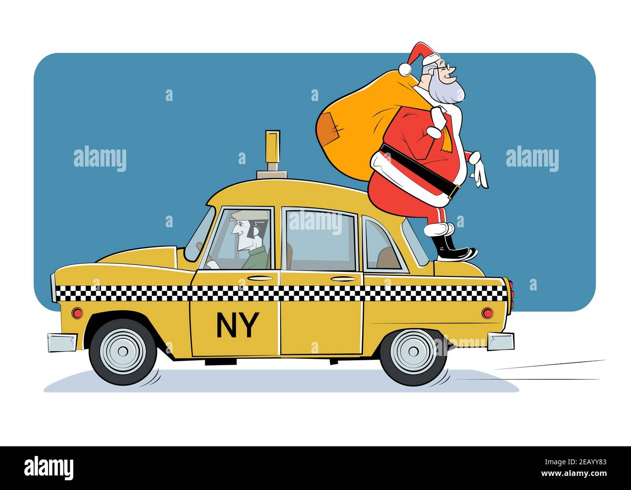 Cartoon Santa Claus rides a taxi with a bag of gifts. Stock Vector