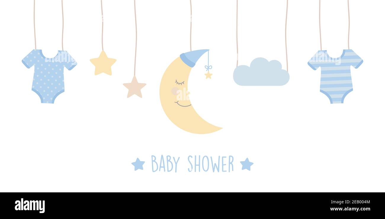 baby shower welcome greeting card with hanging bodysuit moon and star vector illustration EPS10 Stock Vector