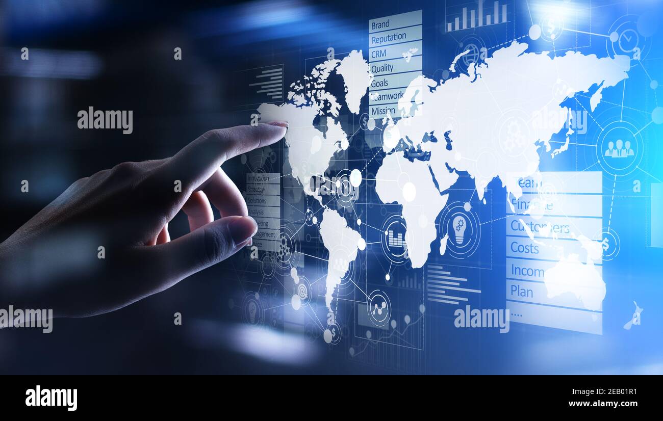 Business and marketing strategy dashboard, Data analysis control panel on virtual screen Stock Photo