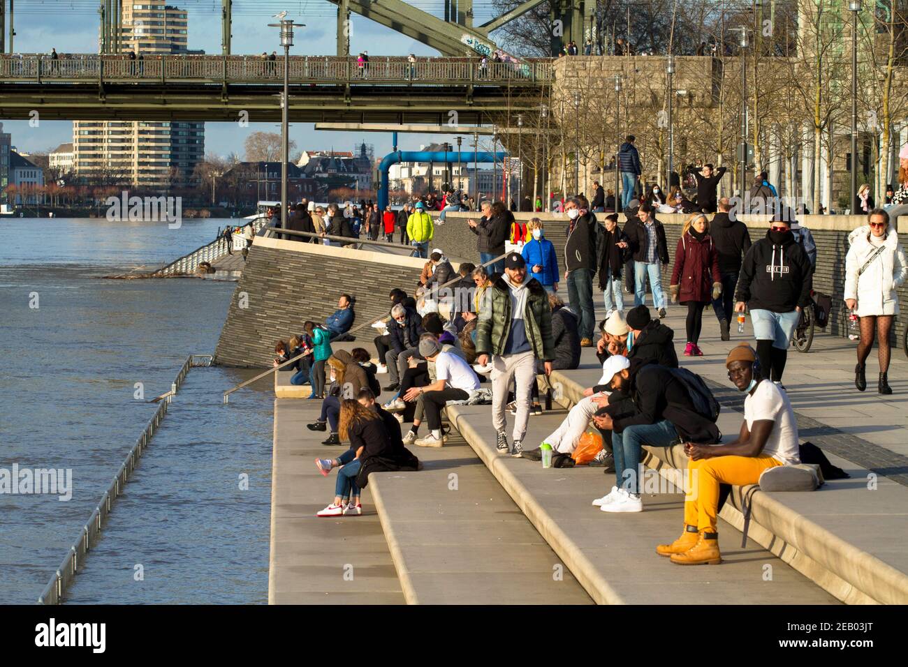 flood of the Rhine on February 4th. 2021, people on the partially ...