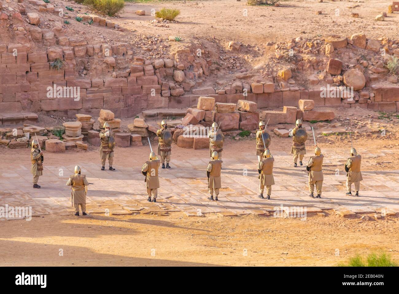 PETRA, JORDAN, JANUARY 3, 2019: Soldiers in ancient roman uniforms start their duty at Petra, Jordan Stock Photo