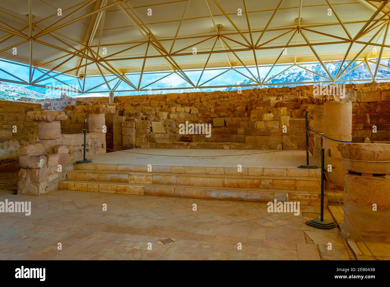 PETRA, JORDAN, JANUARY 3, 2019: Floor mosaics in Petra church in Jordan Stock Photo