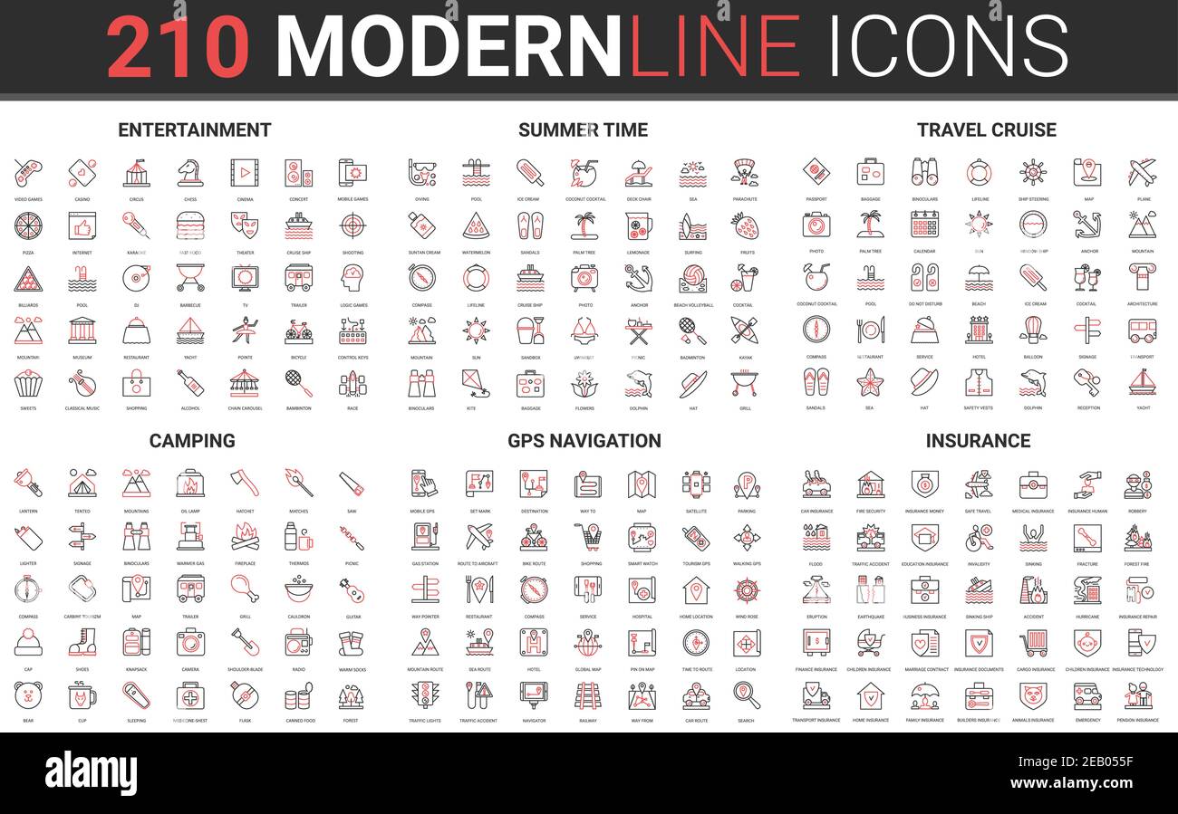 210 modern red black thin line icons set of entertainment, summer time, travel cruise, camping, gps navigation, insurance collection vector illustration. Stock Vector