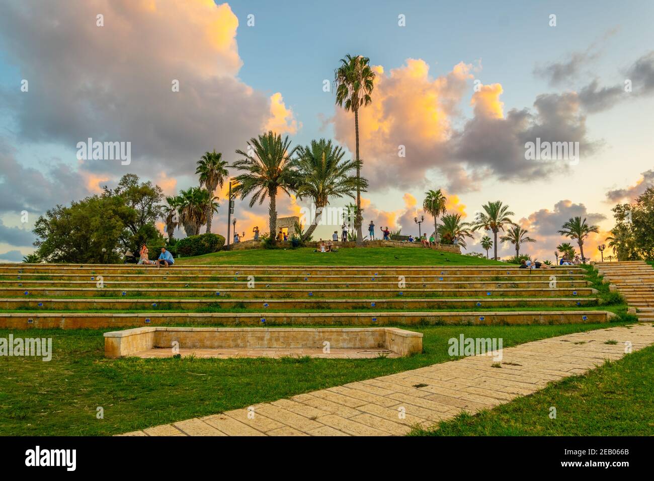 TEL AVIV, ISRAEL, SEPTEMBER 9, 2018: People are enjoying sunset view of cityscape of Tel Aviv, Israel Stock Photo