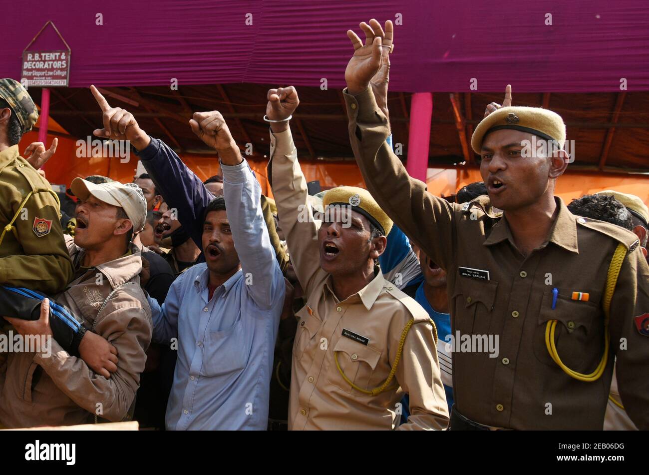Guwahati, Assam, India. 11th Feb, 2021. All Assam Trained Home Guard Association members during their protest demanding for the regularization of their jobs, at Dispur Last Gate in Guwahati, India on Thursday, Feb. 11, 2021. Credit: David Talukdar/ZUMA Wire/Alamy Live News Stock Photo