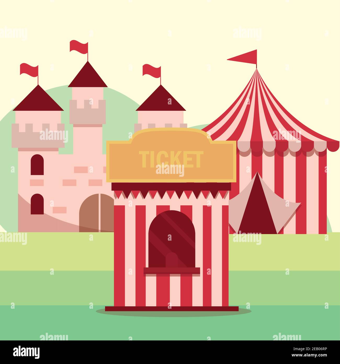 amusement park carnival tickets booth tent and castle vector ...