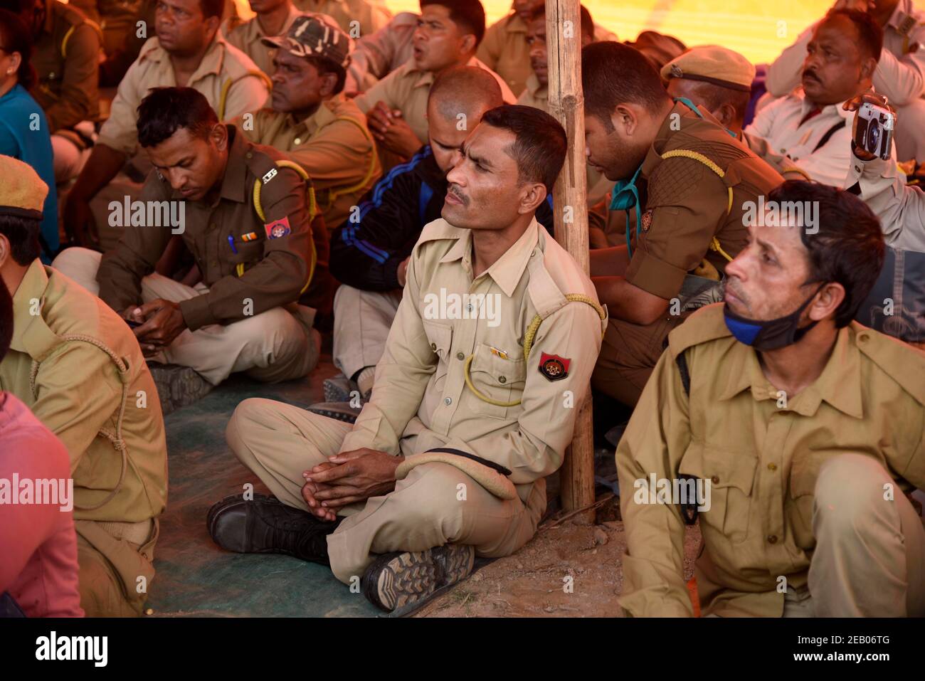 Guwahati, Assam, India. 11th Feb, 2021. All Assam Trained Home Guard Association members during their protest demanding for the regularization of their jobs, at Dispur Last Gate in Guwahati, India on Thursday, Feb. 11, 2021. Credit: David Talukdar/ZUMA Wire/Alamy Live News Stock Photo