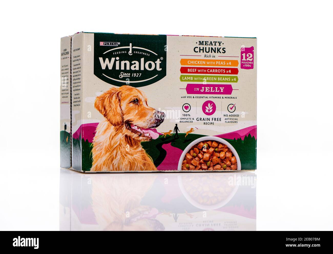 Winalot meaty chunks dog food selection pack box on a white background with reflection. Stock Photo