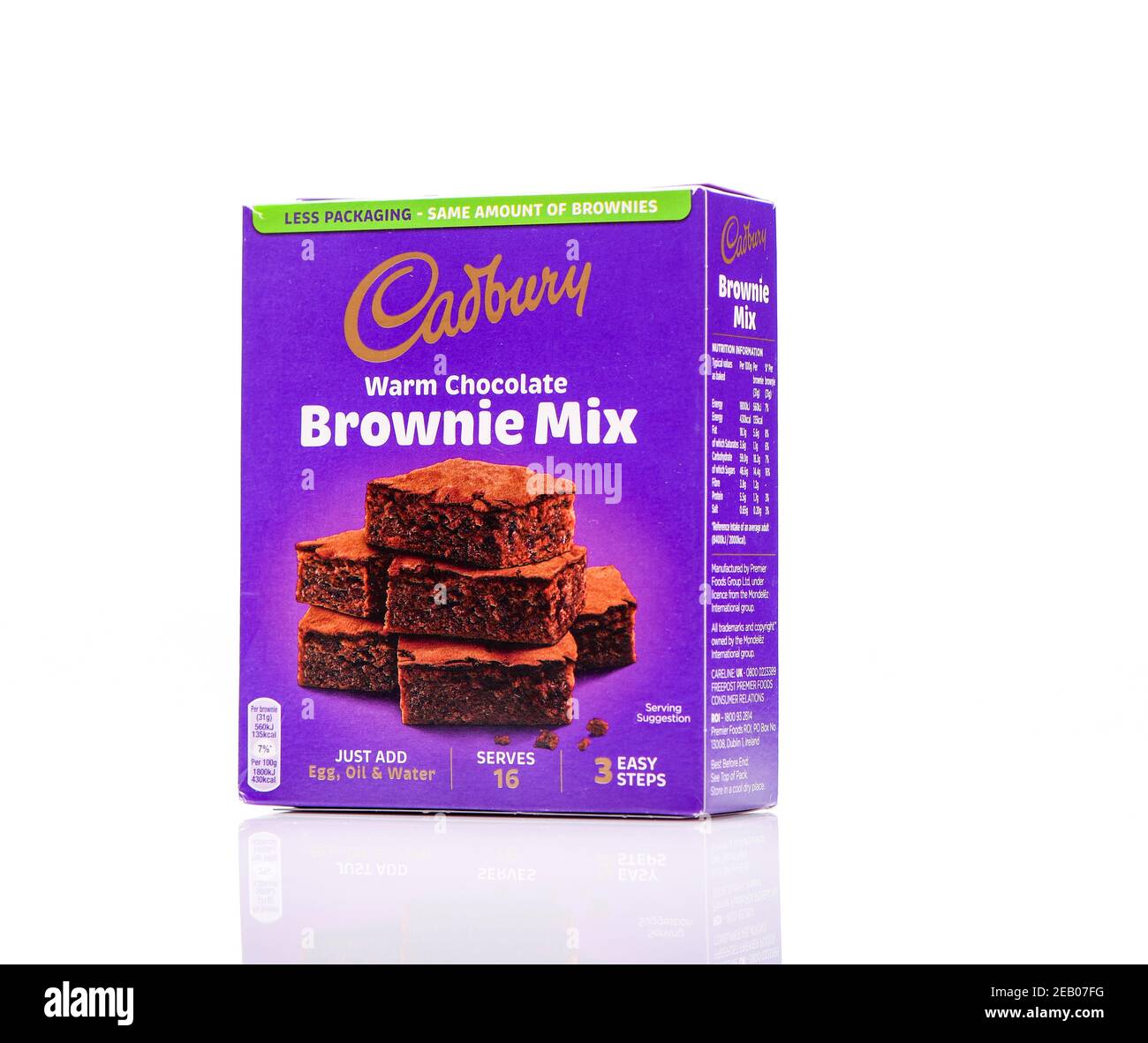 Cadbury warm chocolate brownie mix product box shot on white background with a reflection. Stock Photo