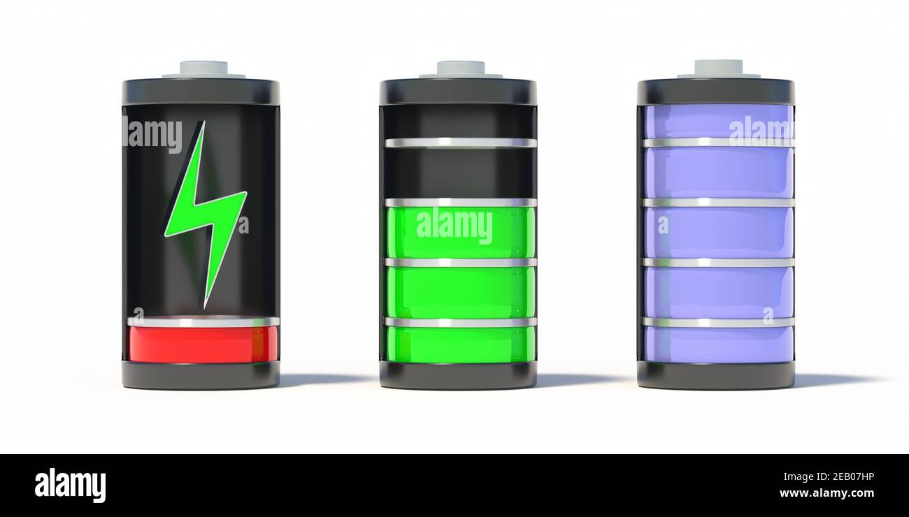 Discharged and fully charged smartphone battery steps isolated on white background, Battery