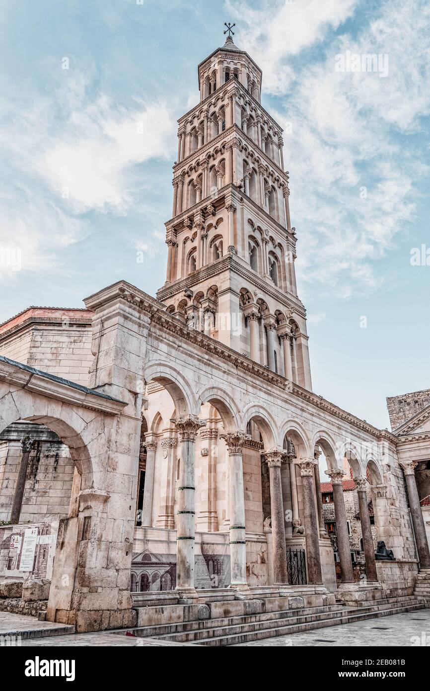 Split, Croatia - Aug 15, 2020: Upward view of Bell tower of Cathedral of St. Domnius in Diocletian's Palace Stock Photo