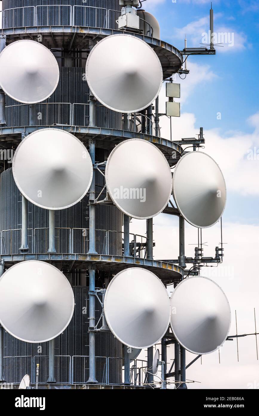 Telecommunications tower and infrastructure close up. Stock Photo