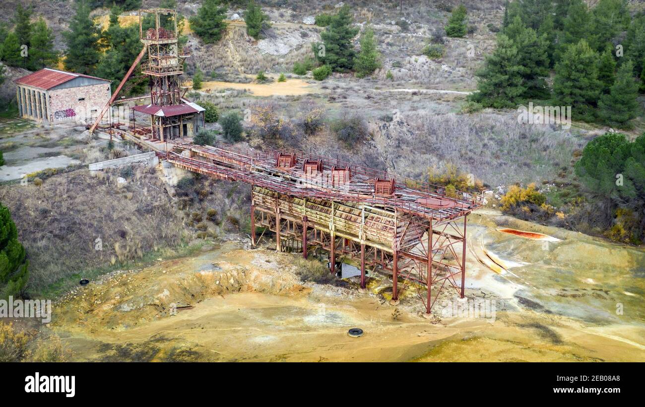 Aerial view of an abandoned Kokkinogia copper mine in Mitsero, Cyprus Stock Photo
