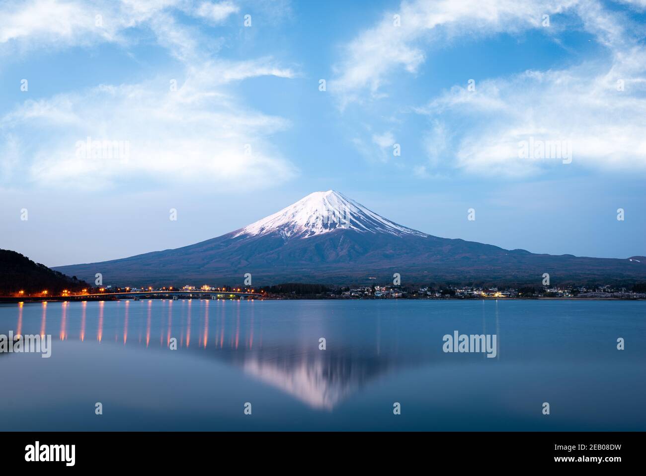 Mount Fuji at dusk near Lake Kawaguchi in Yamanashi Prefecture, Japan. Stock Photo