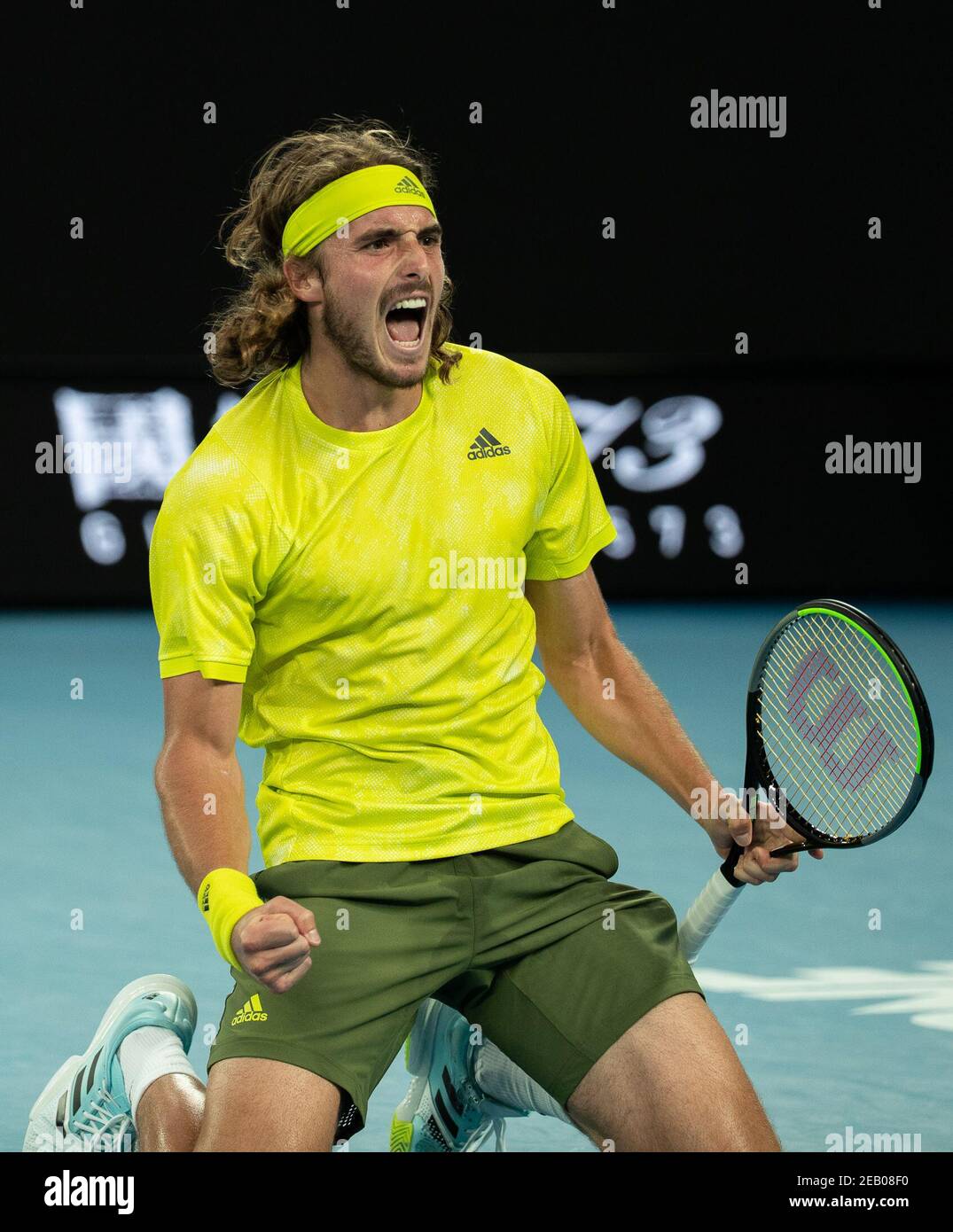 Melbourne, Melbourne, Australia. 11th Feb, 2021. Stefanos Tsitsipas  celebrates victory after the men's singles 2nd round match between Stefanos  Tsitsipas of Greece and Thanasi Kokkinakis of Australia at the Australian  Open 2021