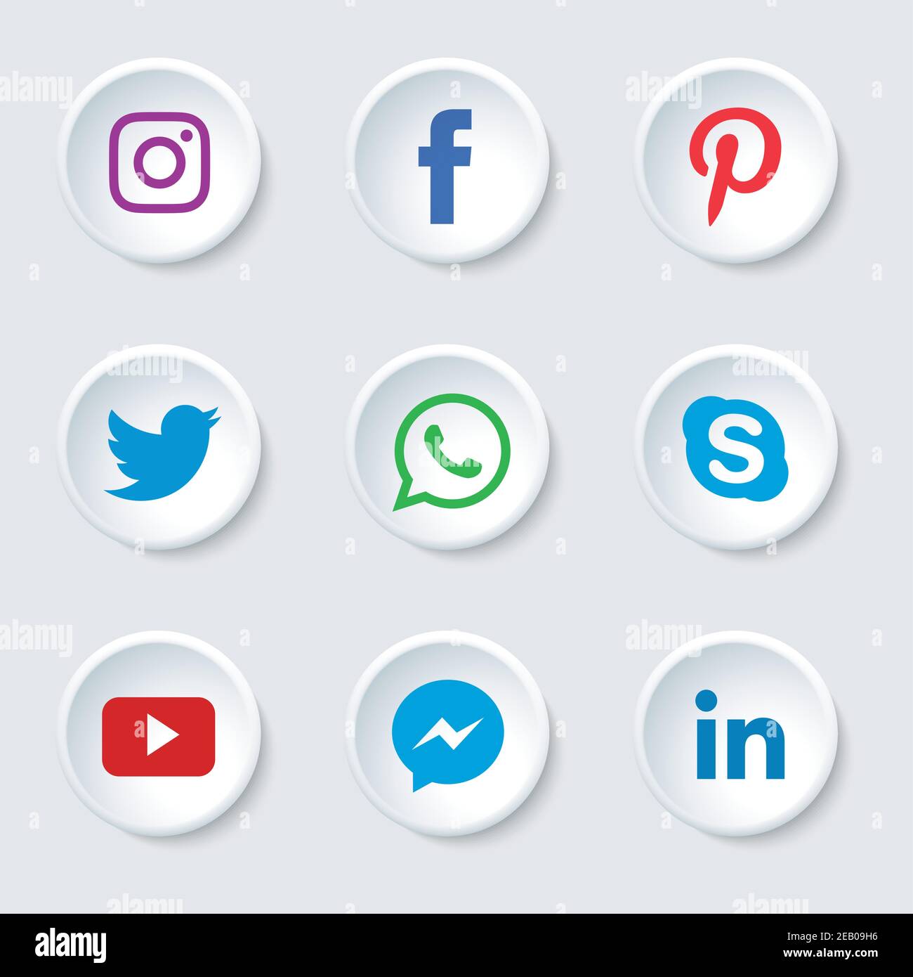 Set of popular social media icons. Instagram, Facebook, Twitter, Youtube, WhatsApp, LinkedIn, Pinterest Skype and Messenger icons. Stock Vector