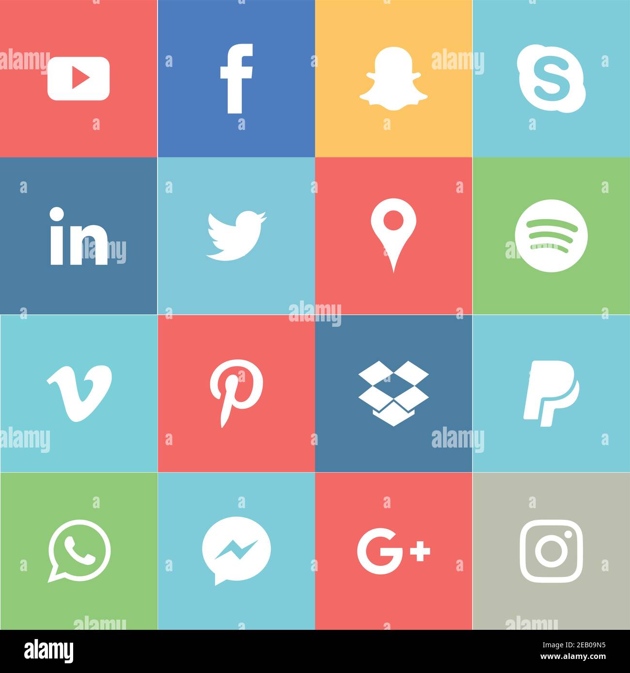 Set of popular social media icons. Instagram, Facebook, Twitter, Youtube, WhatsApp, LinkedIn, Pinterest Skype and Messenger icons. Stock Vector