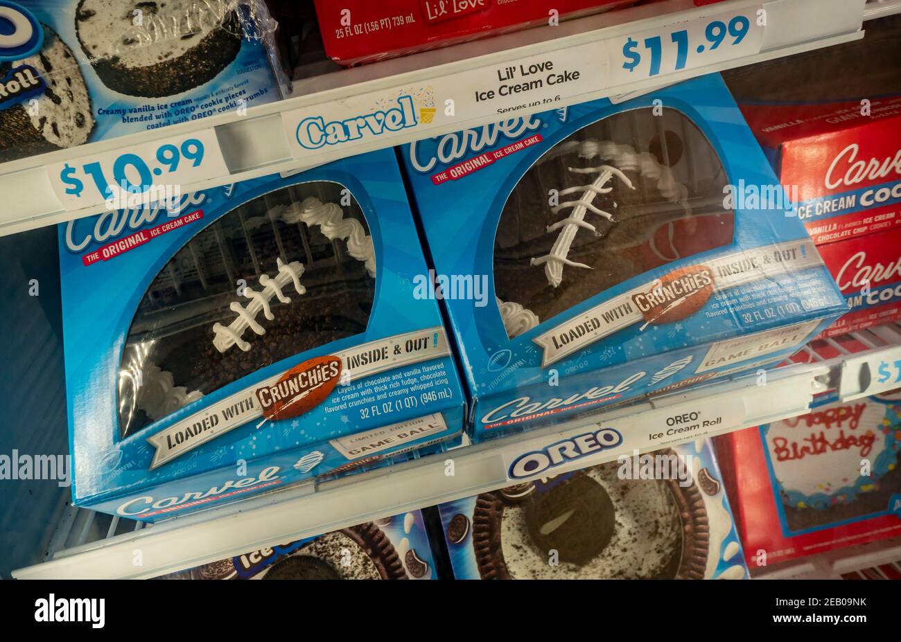 Football themed Carvel brand ice cream cakes in a supermarket freezer in New York prior to the Super Bowl, seen on Tuesday, January 19, 2021. Carvel. Cinnabon and Auntie Annes' chains are owned by Focus Brands. The 82 year old Carvel brand has over 400 locations on the East Coast and in Florida. (© Richard B. Levine) Stock Photo