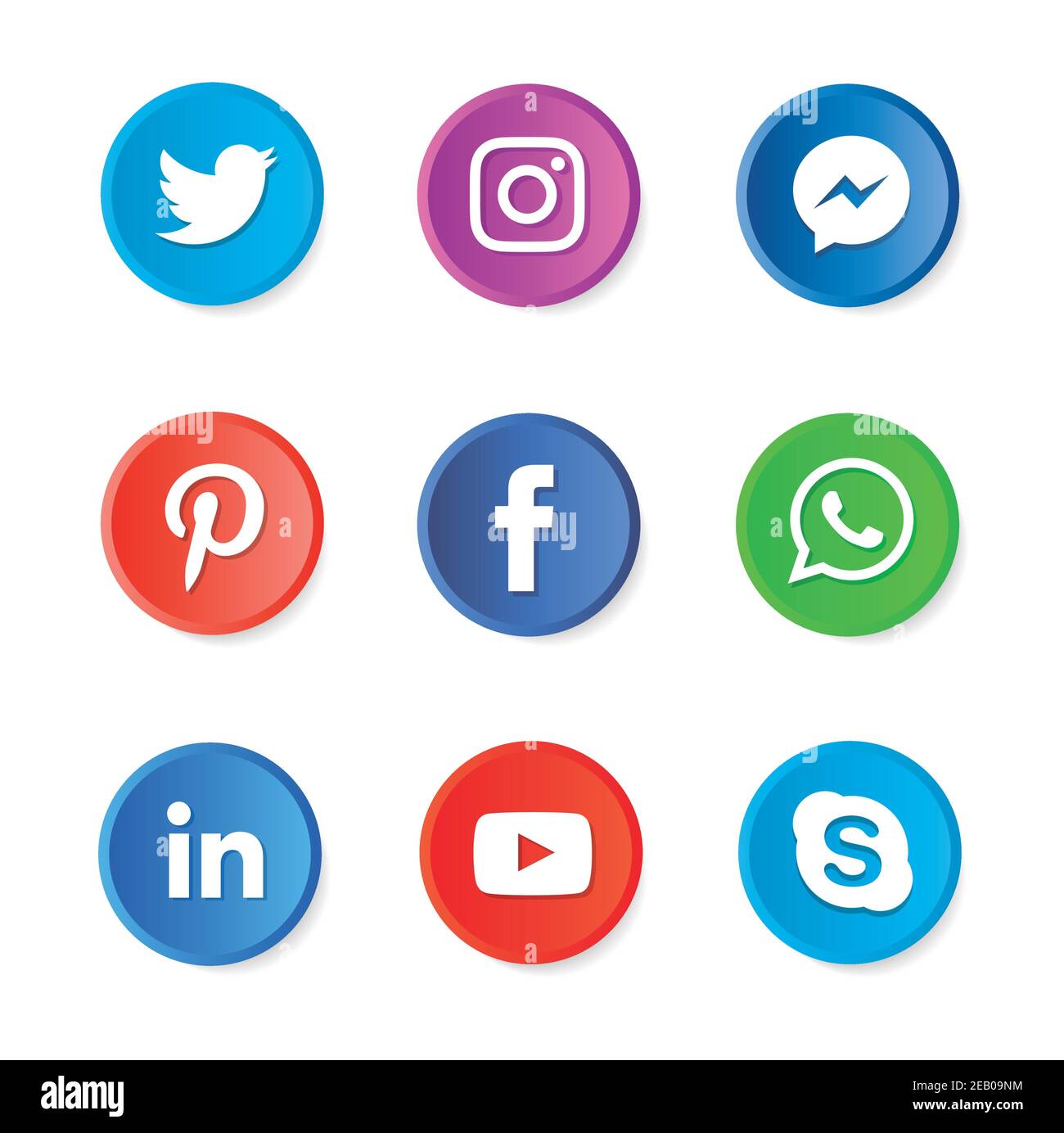 Set of popular social media icons. Instagram, Facebook, Twitter, Youtube, WhatsApp, LinkedIn, Pinterest Skype and Messenger icons. Stock Vector