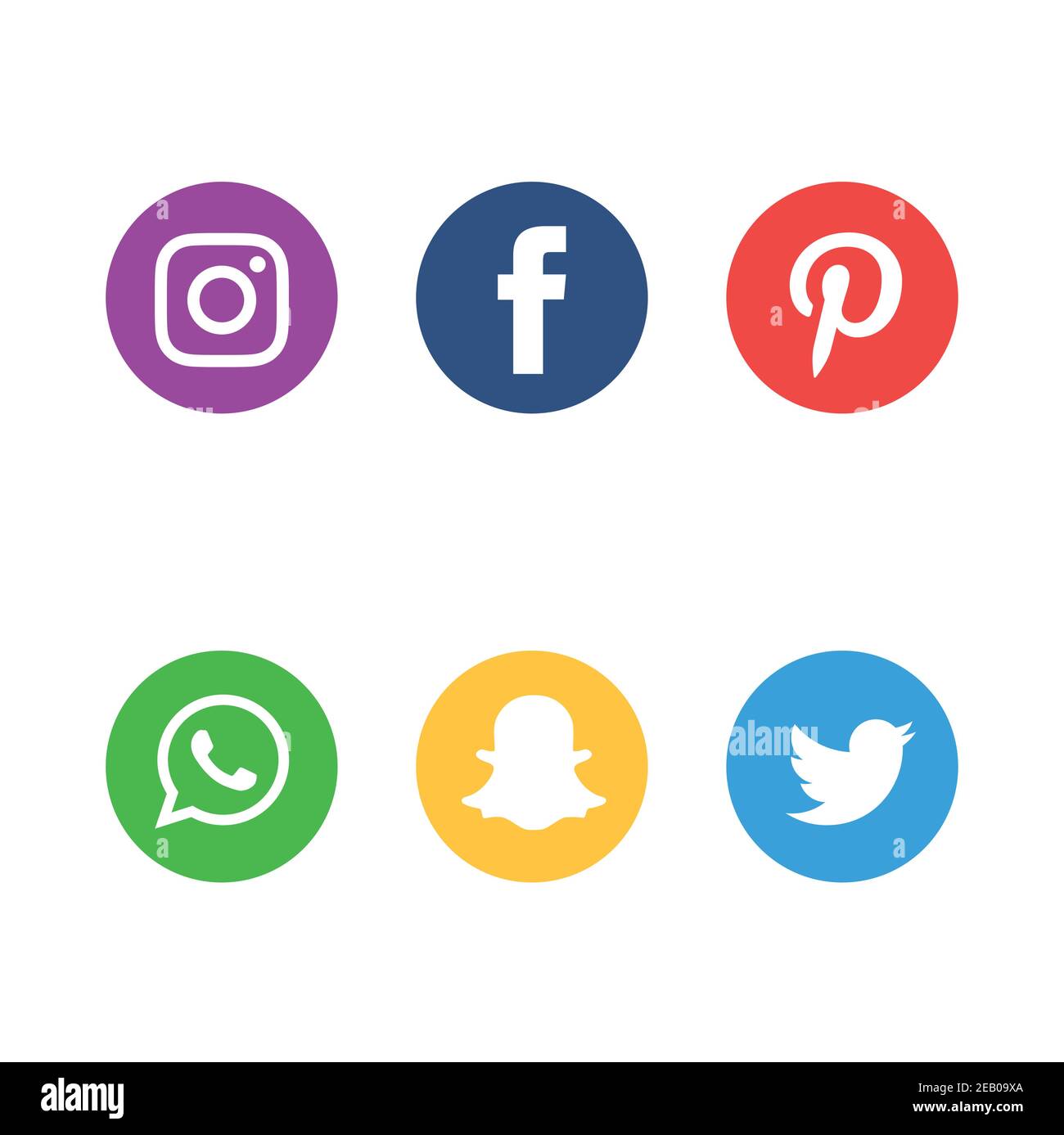 Set of popular social media icons. Instagram, Facebook, Twitter, Snapchat, WhatsApp and Pinterest icons. Stock Vector