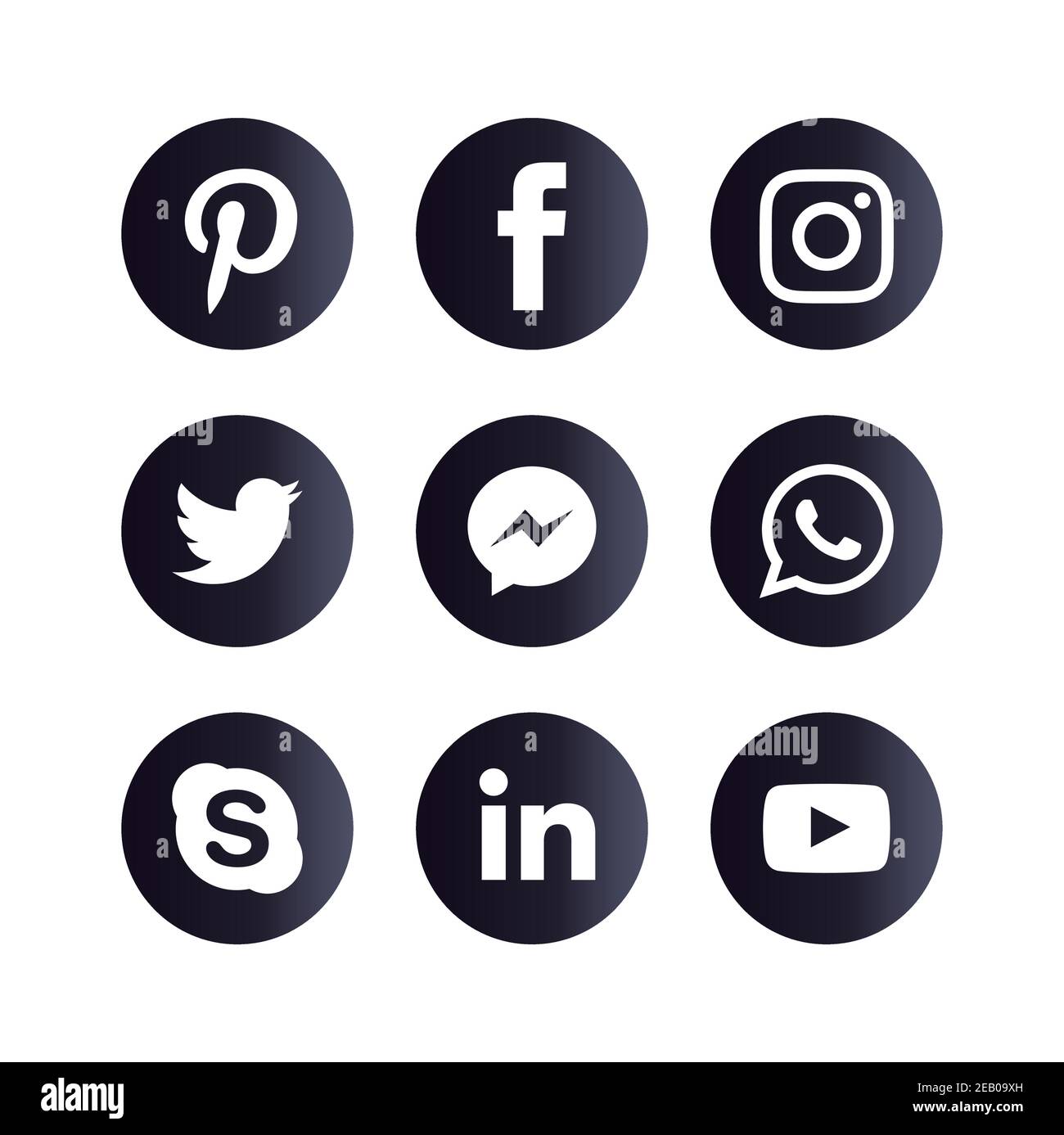 Set of popular social media icons. Instagram, Facebook, Twitter, Youtube, WhatsApp, LinkedIn, Pinterest Skype and Messenger icons. Stock Vector