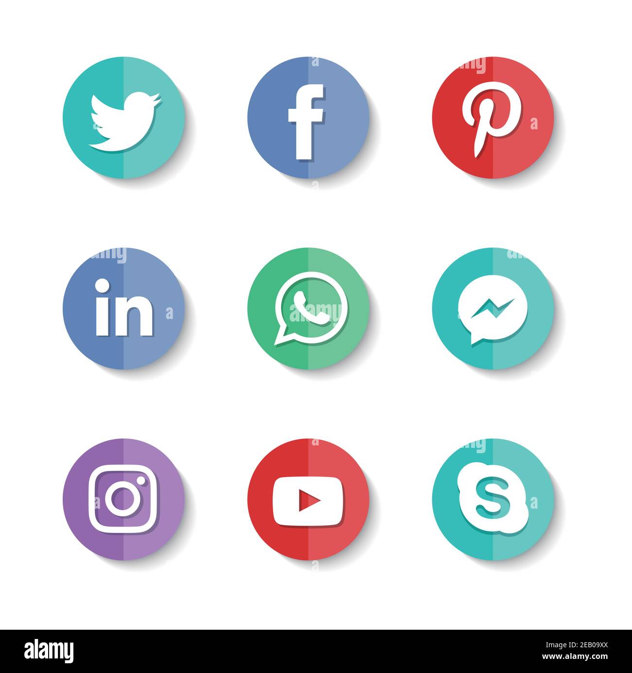 Set of popular social media icons. Instagram, Facebook, Twitter, Youtube, WhatsApp, LinkedIn, Pinterest Skype and Messenger icons. Stock Vector