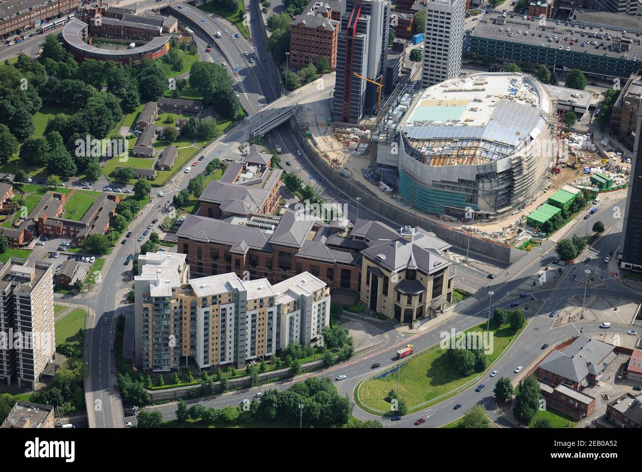 Aerial views of Leeds, including The First Direct Arena (also known as the Leeds Arena) under