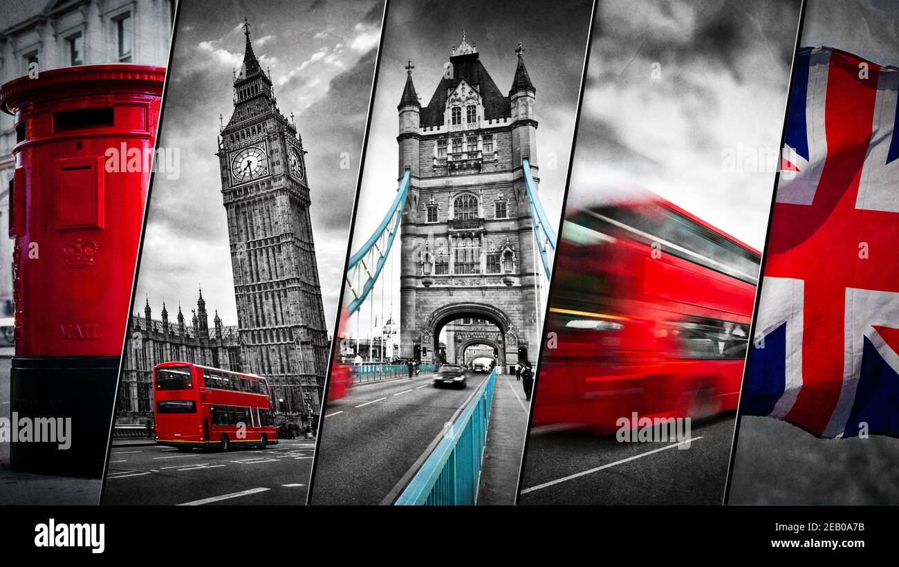 Collage of the symbols of London, the UK. Red buses, Big Ben, red postbox, and the Union Jack flag. Traditional England in vintage, retro style. Red i Stock Photo