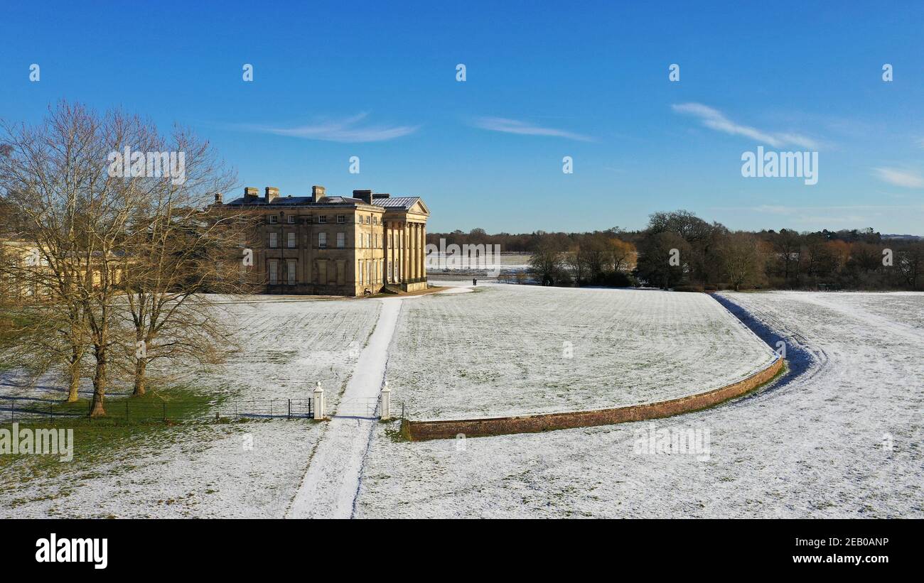Attingham Park, Shropshire, Uk. February 11th 2021 Winter snow. Aerial view of the National Trust property Attingham Park near Shrewsbury in Shropshire. The hall is closed to visitors due to the pandemic but the park is open to walkers by booking in advance. Credit: Sam Bagnall/Alamy Live News Stock Photo