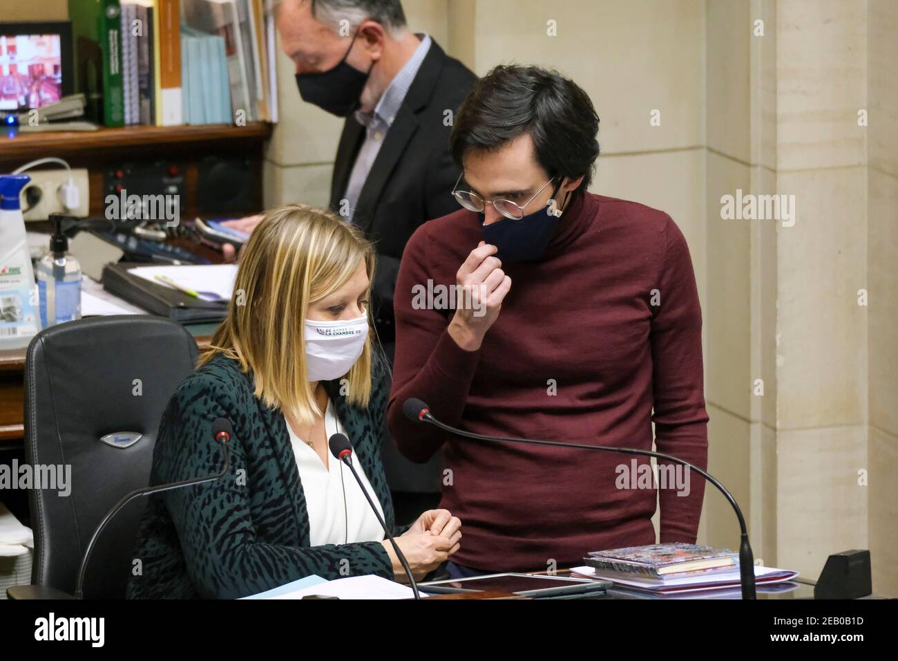 Chamber chairwoman Eliane Tillieux and Groen's Kristof Calvo pictured during a plenary session of the Chamber at the Federal Parliament in Brussels, T Stock Photo