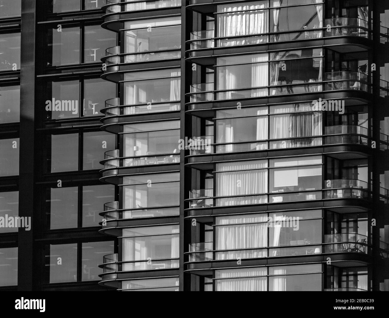 Close up of balconies of Principle Tower residential high rise, Shoreditch, London - Stock Image