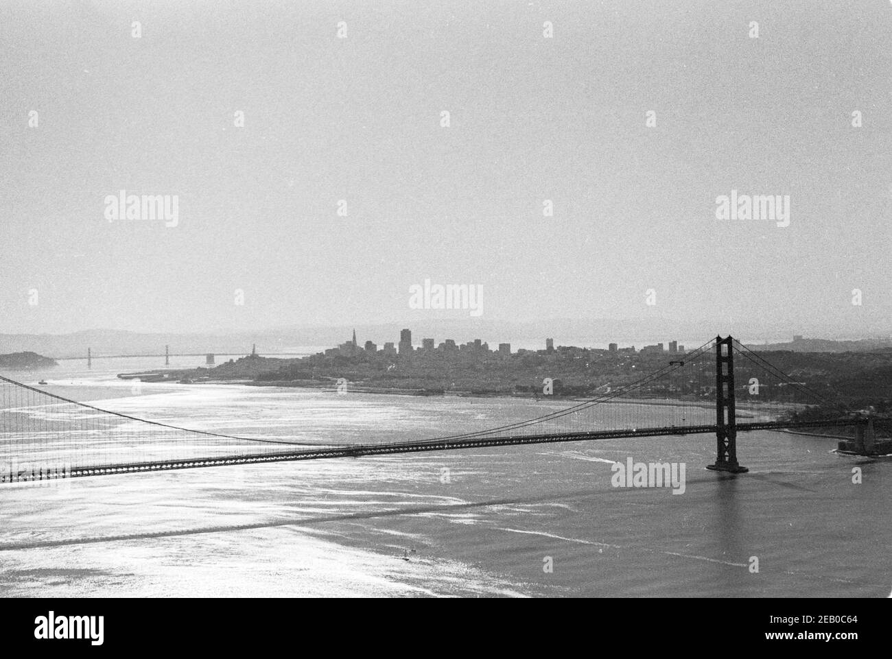 1970s B/W Golden    Gate Bridge from Fort Cronkhite National Park, CA Stock Photo
