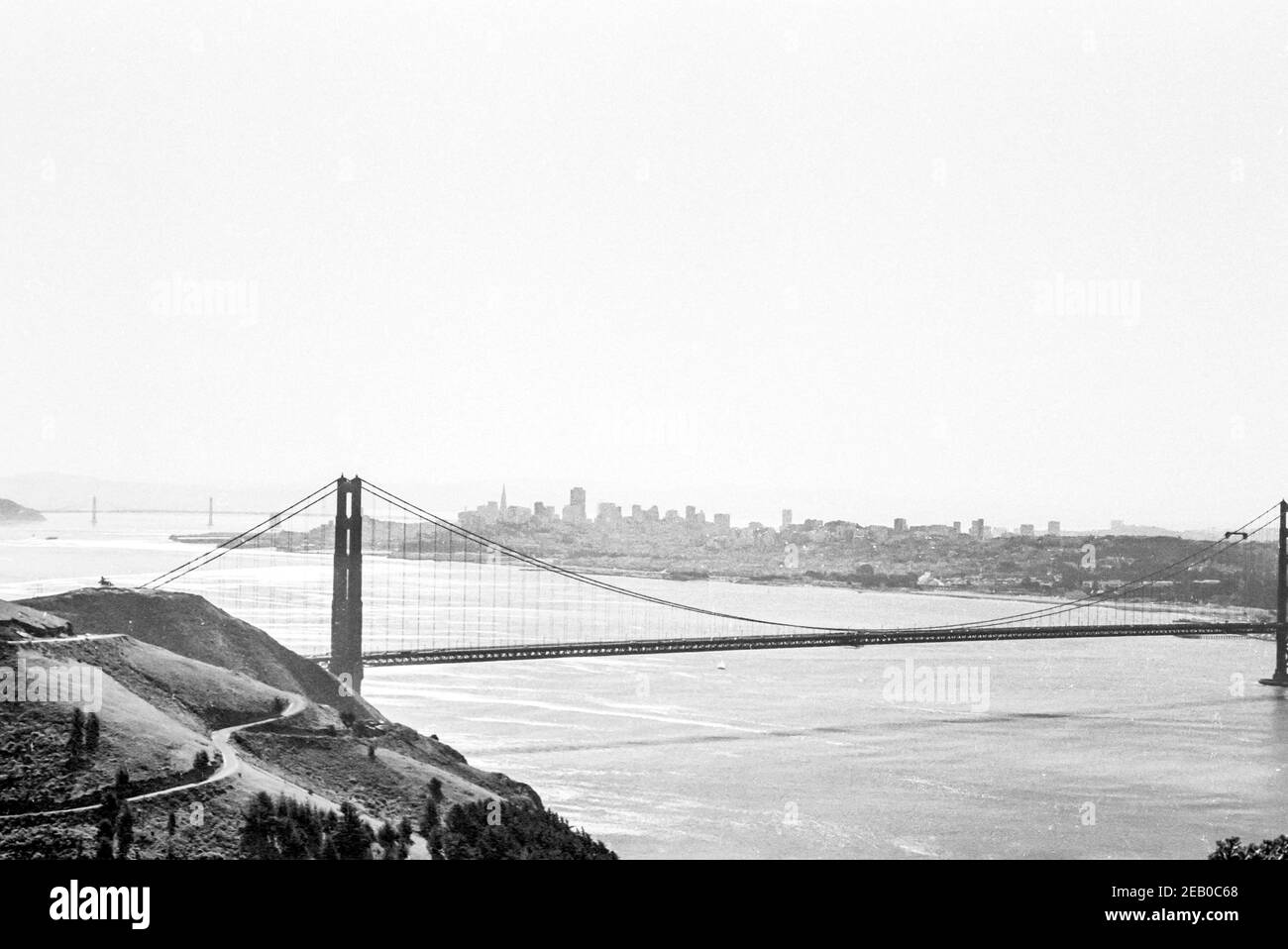 1970s B/W Golden    Gate Bridge from Fort Cronkhite National Park, CA Stock Photo