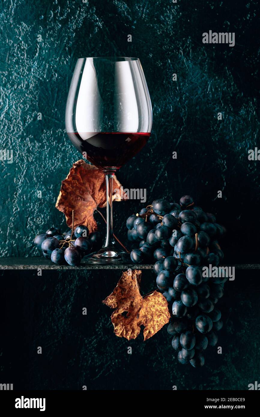 Glass of red wine and blue grapes with dried up vine leaves on an old ...