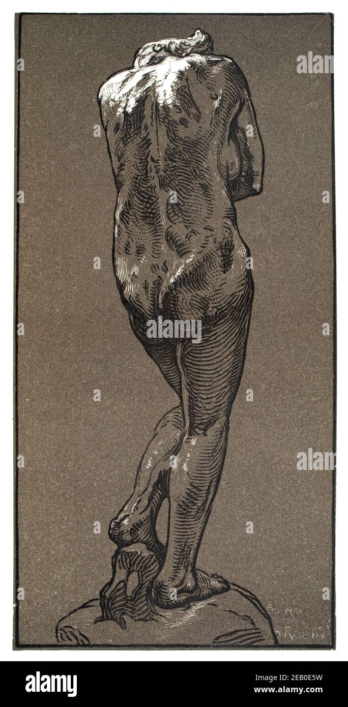 Rodin Statue, two block woodcut illustration, by August Lepere in 1898 The Studio an Illustrated Magazine of Fine and Applied Art Stock Photo