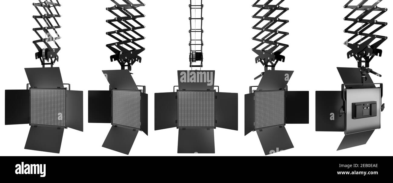 Photography studio led flash light on ceiling pantograph isolated on
